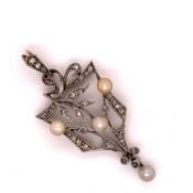 AN ANTIQUE PEARL AND DIAMOND OPENWORK ARTICULATED PENDANT INTERSPERSED WITH CULTURED PEARLS AND