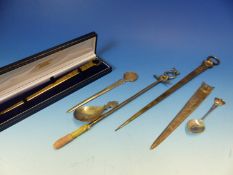 A HALLMARKED SILVER GILT LETTER OPENER , THREE FURTHER EXAMPLES, TWO SILVER HALLMARKED COMMEMORATIVE