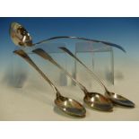 A 19th C. SCOTTISH HALLMARKED SILVER LARGE LADLE DATED 1814, A MATCHING SERVING SPOON DATED 1813