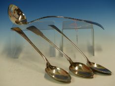 A 19th C. SCOTTISH HALLMARKED SILVER LARGE LADLE DATED 1814, A MATCHING SERVING SPOON DATED 1813