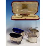 A PAIR OF 19th C. OVAL TABLE SALTS WITH BLUE GLASS LINERS, A PAIR OF CLEAR GLASS LINED MUSTARDS