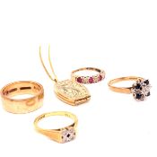 TWO 9ct GOLD DIAMOND AND GEMSET RINGS, TOGETHER WITH A 9ct WIDE WEDDING BAND, AN 18ct GOLD DIAMOND