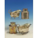 A HALLMARKED SILVER HEXAGONAL TEA CADDY DATED 1919 FOR LAWRENCE EMANUEL, A SIMILAR ROUND CADDY FOR