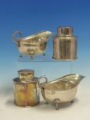 A HALLMARKED SILVER HEXAGONAL TEA CADDY DATED 1919 FOR LAWRENCE EMANUEL, A SIMILAR ROUND CADDY FOR