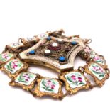 A GOOD QUALITY EASTERN SILVER GILT BUCKLE CLASP INSET WITH PEARLS AND VARIOUS GEMSTONES TOGETHER