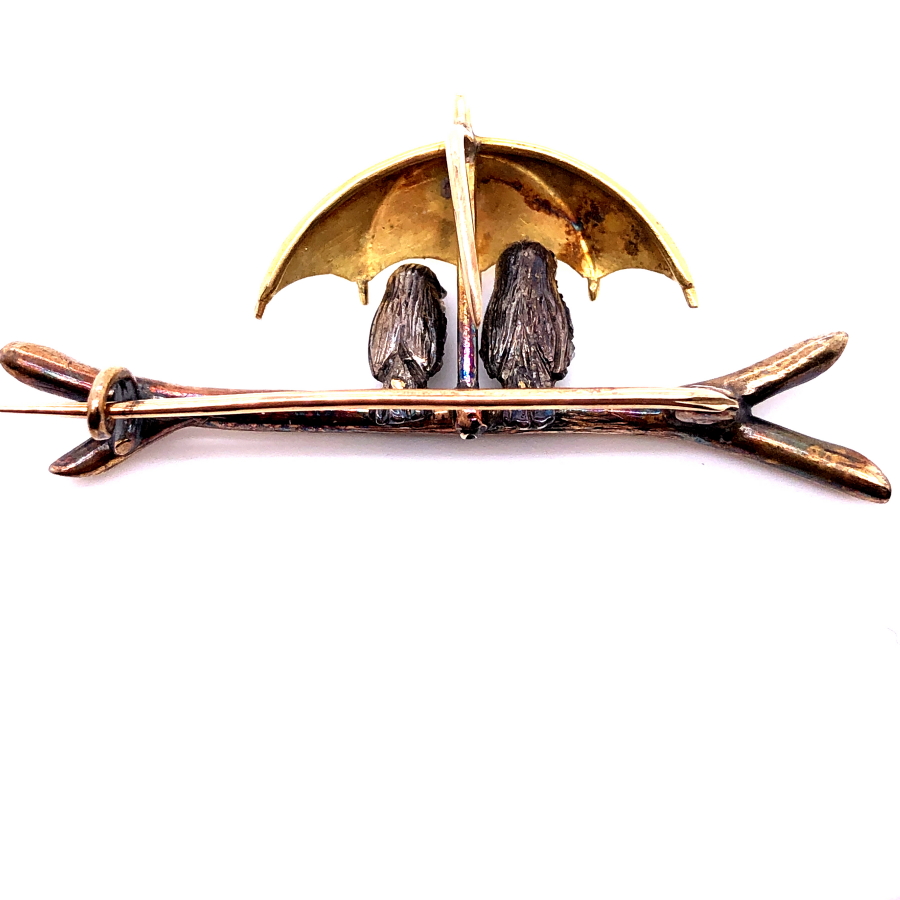 OLD CUT DIAMOND SET BIRDS NESTLED ON A BRANCH UNDER A GOLDEN UMBRELLA IN THE FORM OF A BROOCH. - Image 2 of 2