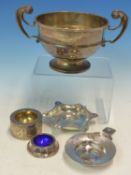 A GEORG JENSEN SILVER AND ENAMEL SALT CELLAR, A SILVER HALLMARKED TWO HANDLED PRESENTATION CUP,