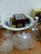 A MANTLE CLOCK, WASH BOWL AND BRASSWARES.