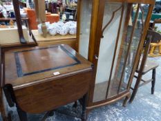 AN EDWARDIAN OCCASIONAL TABLE WITH REVERSABLE CHEQUERBOARD TOP TOGETHER WITH A DISPLAY CABINET.
