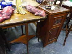 AN INLAID MAHOGANY OCCASIONAL TABLE AND A BEDSIDE CABINET.