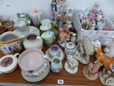 A QTY OF FIGURINES, POOLE CHINAWARES A WOODS ART DECO TEASET, ETC.