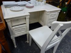 AN ANTIQUE PAINTED WRITING DESK AND A CHAIR.
