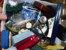 A COLLECTION OF COSTUME WATCHES, JEWELLERY, ETC.