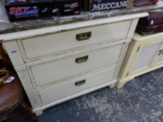 A PAINTED PINE THREE DRAWER CHEST.