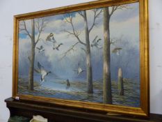 A LARGE OIL PAINTING DUCKS IN FLIGHT.