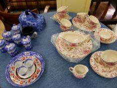 A MASON'S ROSE CHINTZ PART DINNER SERVICE, BLUE AND WHITE WARES, ETC.