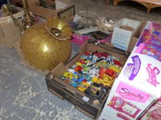 A QTY OF GILES ANNUALS, VARIOUS DIE CAST AND OTHER TOYS, A COFFEE SERVICE, LAMPS, ETC