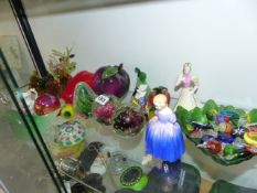 A QTY OF GLASS PAPERWEIGHTS, ETC.