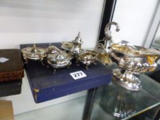 A SILVER CRUET SET, COFFEE SPOONS, PLATEDWARES, ETC.