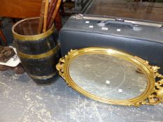 AN ANTIQUE DOUGH SCALES, A COOPERED STICKSTAND AND STICKS, SUITCASE, MIRROR, ETC.