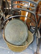 A VICTORIAN BRASS JAM PAN AND A COPPER PAN.