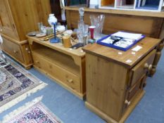 A PINE BEDSIDE CABINET AND A TV STAND.