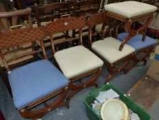 A SET OF FOUR REGENCY STYLE CHAIRS AND TWO SIMILAR STOOLS.