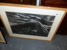 A LARGE CHARCOAL STUDY OF A HILLTOP SCENE.