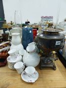A SILVER PLATED SAMOVAR, CHINAWARES, ETC.