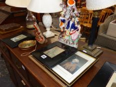 A QTY OF BAXTER PRINTS, THREE TABLE LAMPS AND TWO STAFFORDSHIRE FIGURINES.