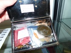 A BOX OF COINS AND MEDALLIONS.