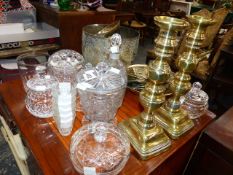 A QTY OF BRASS AND CUT GLASSWARES.