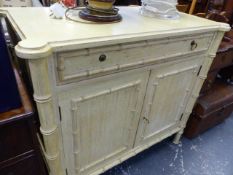 A PAINTED FAUX BAMBOO SIDE CABINET.