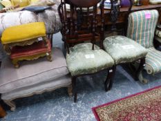 A NURSING CHAIR, A PAIR OF CABRIOLE LEG STOOLS, A PAIR OF SIDE CHAIRS AND A FURTHER STOOL.