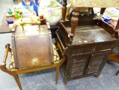 A COAL BOX, AN EDWARDIAN INLAID PIANO STOOL, A SIDE CABINET AND A FURTHER STOOL.