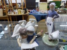 THREE COPENHAGEN FIGURES AND TWO LLADRO GEESE.