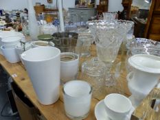 A LARGE QTY OF CUT GLASS VASES, PLANTERS, ETC.