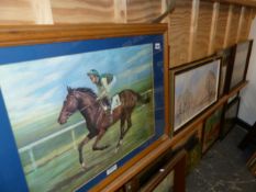 A LARGE PRINT OF NIJINSKI, THE RACE HORSE AND A QTY OF WATERCOLOURS, PRINTS, ETC.