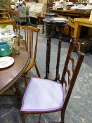 TWO EDWARDIAN SIDE CHAIRS AND A PLANTSTAND.