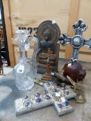 A CUT GLASS CLARET JUG, VARIOUS CROSSES, ETC.