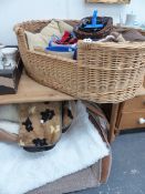 A DOG BASKET AND VARIOUS RELATED ITEMS.