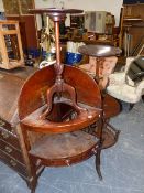 A REGENCY CORNER WASHSTAND AND THREE OCCASIONAL TABLES.