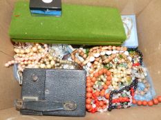 A BOX OF VARIOUS VINTAGE AND LATER JEWELLERY, ETC.