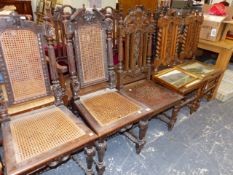 NINE CARVED OAK VICTORIAN DINING CHAIRS.