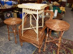 A RATTAN ARMCHAIR AND THREE STANDS.