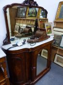 A VICTORIAN WALNUT MARBLE TOP MIRROR BACKED CREDENZA.