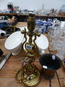 AN ANTIQUE GIMBLED TABLE LAMP, A BRONZE MORTAR, ETC.