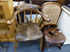 A 19th.C.CAPTAIN'S CHAIR, A SMALL ARTS AND CRAFTS ARM CHAIR AND A SMALL ROCKING CHAIR.