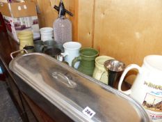 PEWTER TANKARDS, A FISH KETTLE, ETC.