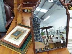 A GILT FRAMED MIRROR, AN EASEL BACKED MIRROR, PRINTS AND FRAMES.